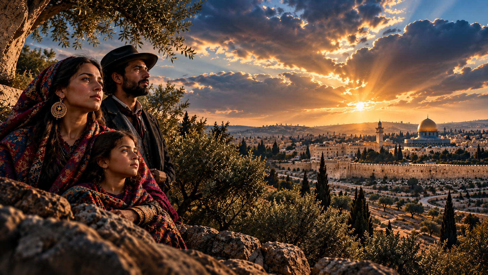 A Roma family overlooking Jerusalem at sunset